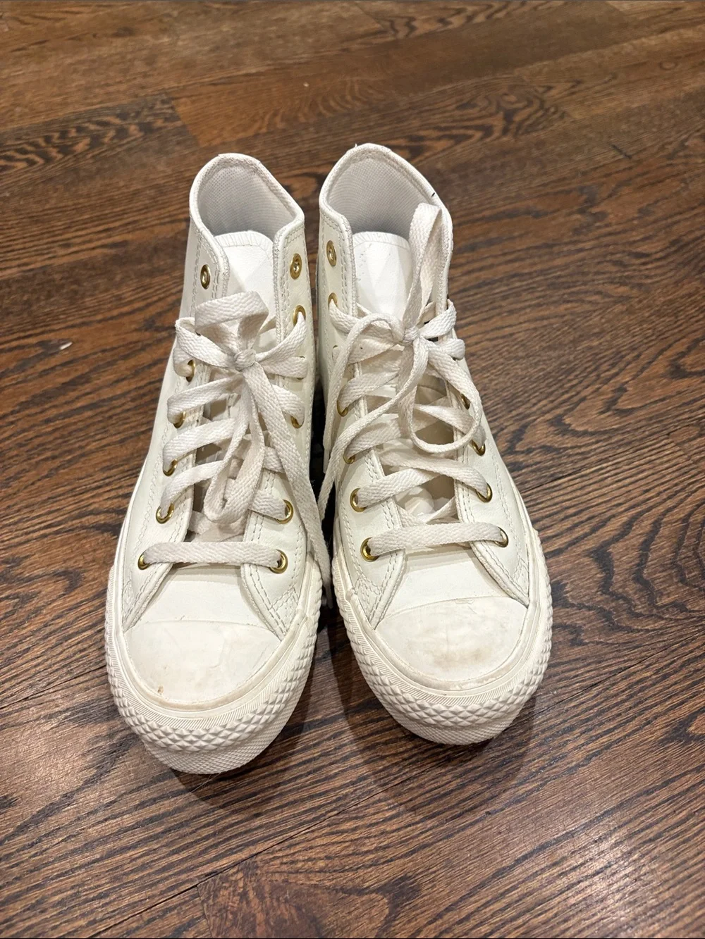 Converse Kids White Leather High Top Sneakers with Gold Eyelets